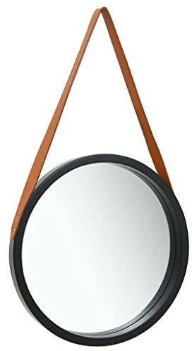 vidaXL Wandspiegel mit Riemen Vintage Retro Hängespiegel Dekospiegel Spiegel Badspiegel Rundspiegel Flurspiegel Garderobe 50cm Schwarz