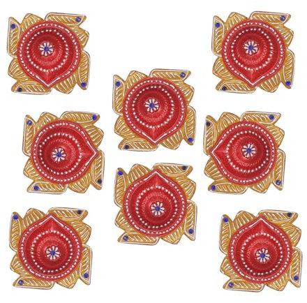 TIED RIBBONS Clay Diya Decorative Diyas Sets for Front Door Handmade Terracotta Diya Oil Lamp for Pooja Room Mandir Temple (Pack of 8) - Decorative Mitti Diyas Set Diwali Decorations for House