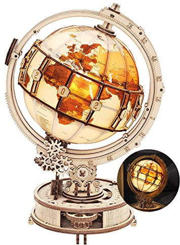 ROKR 3D Wooden Puzzles for Adults Illuminated Globe with Stand 180pcs 3D Puzzles Built-in LED Model Kit Hobby Gifts for Adults Home Decor