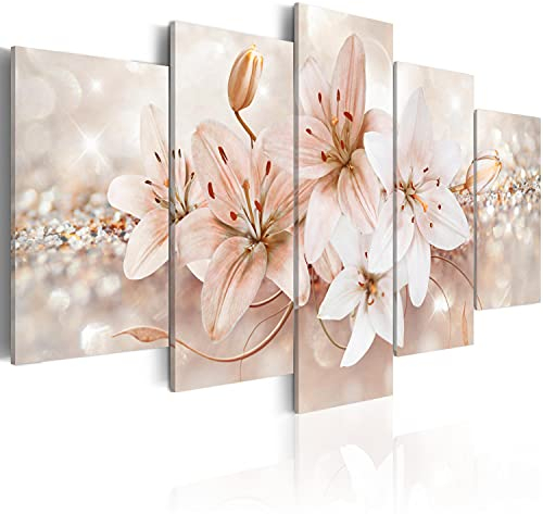 B&D XXL Acrylglasbild Blumen Lilien 100x50 cm 5 Teilig Wandbild auf Acryl Glasbilder Kunstdruck Moderne Acrylglas Platte Wanddekoration Geschenke Heimdekoration Glasbild Abstrakt beige Bokeh
