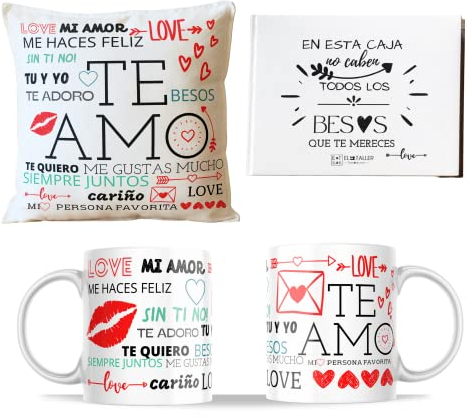 ETKR - Regalos Originales para Parejas - Regalo para Novia - Regalos San Valentin - Pack Taza + Cojín con Relleno - San Valentin - Regalo Pareja, Enamorados, Novia, Novio, Para Hombre, Mujer- Te Amo