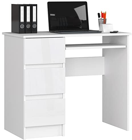 AKORD Schreibtisch A6 90 cm | 3 Schubladen Links | Schreibtisch | Bürotisch | Computertisch | Arbeitstisch | Laptoptisch | Bürmöbel | B90 x H77 x T50 cm | Gewicht 31,00 kg | Weiß/Weiß Hochglanz