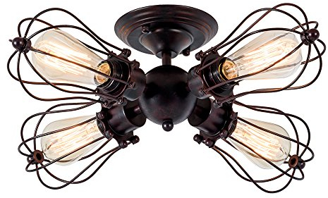 Vintage Deckenleuchte Industrielüster Verstellbare Steckdose Metalldrahtkäfig Halbschlussmontage Rustikale Decke Leichtmetalllampe Lampen (ohne Glühbirne) (mit 4 Licht) (Rost)