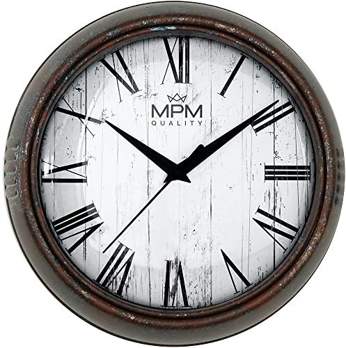 MPM Quality Design Rusty Metal Kunststoff-Wanduhr, Retro Metall Design mit Patina, Quarz-Uhrwerk Sweep, Römische Zahlen, gewölbtes Glas, schöne Wanddeko für Wohzimmer, Schlafzimmer, Küche, Büro