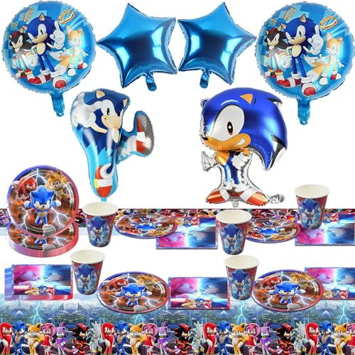 Sonic Party Zubehör, Sonic Geburtstagsfeier Dekoration, Sonic Foil Latex Luftballons, Sonic Gebutstag Party Set, Kinder Kuchen Dekoration Tischdecke und Sonic Geburtstag Teller Partygeschirr