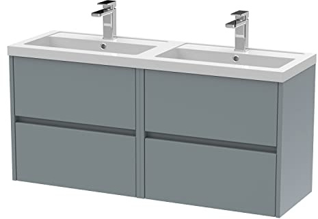 Hudson Reed HAV2304C Havana Wall Hung 4 Drawer Vanity Unit & Double Polymarble Basin, 1200mm, Matt Coastal Grey