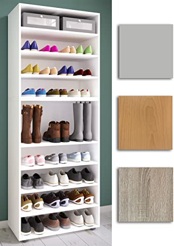 VCM Holz-Schuhregal, Maße: H. 183 x B. 70 x T. 37 cm, Allzweckschrank, 9 Fächer, ohne Türen, – Lona