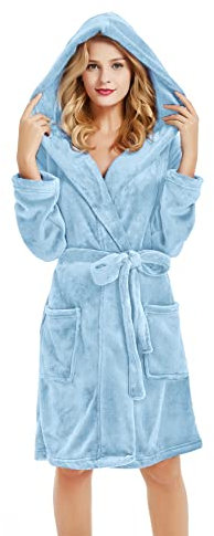 U2SKIIN Bademantel Damen mit Kapuze kurz flauschig Plüsch weich warm Morgenmantel Damen leicht Bademäntel für Frauen (Hellblau, L/XL)