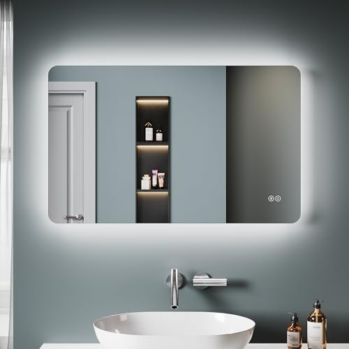 SONNI LED Badspiegel 80x50 cm, Badezimmerspiegel mit Beleuchtung 3 einstellbare Lichtfarben, Spiegel mit Beleuchtung, Anti-Beschlag Touch Switch Wandspiegel