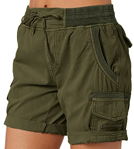 Cargo Shorts Damen Sommer - Bermuda Shorts Damen mit Gummizug- Kurze Hose Damen High Waist mit Taschen Cargoshorts Locker Wandershorts Chino Sportshorts Damenshorts für Frauen Teenager Mädchen