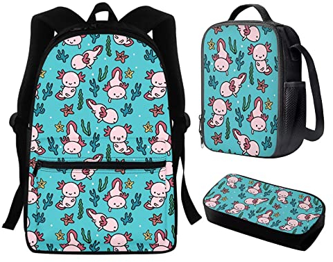 FJAUOQ Axolotl niedlicher Rucksack für Mädchen, Grundschultaschen und Lunchbox, Federmäppchen, Mittelschule, Schüler, Büchertaschen, 43,2 cm, Rucksack, Alter 9–12 Jahre, Tagesrucksack, Axolotl