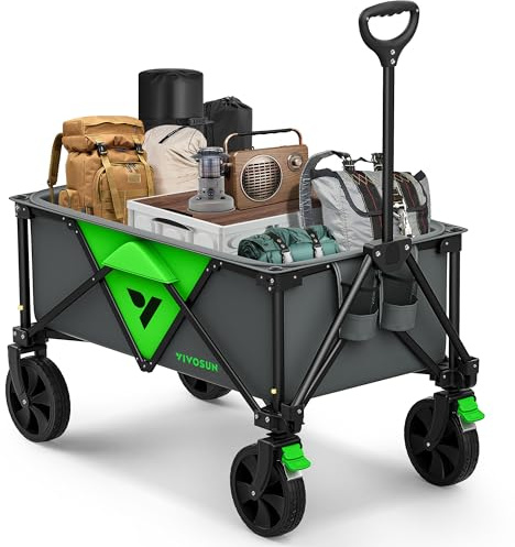 VIVOSUN Collapsible Folding Wagon, Outdoor Utility with Silent Universal Wheels, Cup Holders & Side Pockets, Adjustable Handle, for Camping, Garden, Sports, Picnic, Shopping, 220LBS, Grey & Green