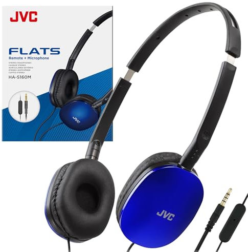 JVC Blue Flat Foldable Colorful Flats On Ear Headphones with Remote and Microphone, 3.94 Foot Gold Plated 3.5mm Slim Plug - HAS160MA