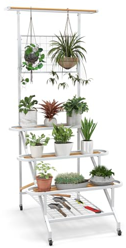 HOMASIS Trepador para Plantas de 4 Niveles con Ruedas, Escalera metálica con Enrejado y Barra para Colgar, Estantería multifuncional para jardín, balcón, terraza, patio, 85x80x175cm, Blanco