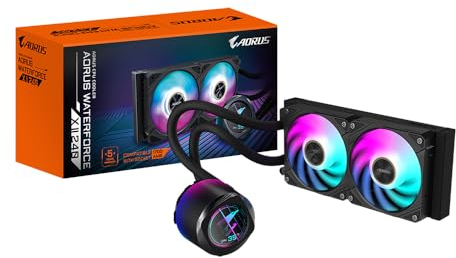 GIGABYTE AORUS WATERFORCE X II 240 AIO Liquid CPU Cooler- 2x120mm ARGB Fans, full-color LCD, MAGNETIC interlocking mechanism, DAISY-CHAIN, Intel LGA 1851 and AMD AM5 Compatible, 6 Year Warranty