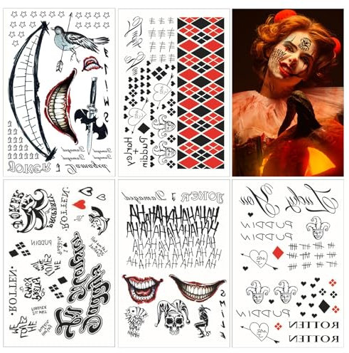 5 Grandes Autocollant de Tatouage Joker, Tatouage Joker, Visage Joker Tatouages, Halloween Clown Tatouage Temporaire, Visage Cicatrice Temporaires pour Halloween Cosplay thème de la fête