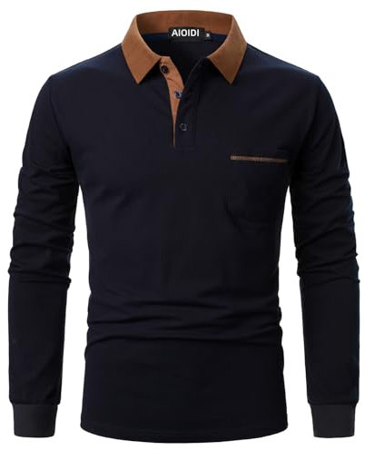 AIOIDI Polo Shirts for Men Adults Long Sleeves Cotton Tops Golf T-Shirts with Real Pocket Blue L