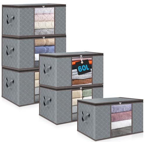 unycos - 6 Stück | 60L Aufbewahrungstasche, Kleideraufbewahrungstaschen, Vliesstoff mit Transparentem Fenster 55x35x32cm, Unterbett-Organizer für Bettdecken, Handtücher, Kissen (Grau/Kaffee)