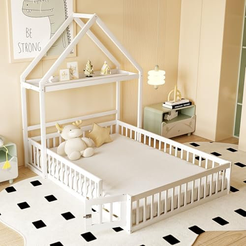 Kinderbett Hausbett 140x200 cm, Montessori Bodenbett mit Tür inkl. Rausfallschutz und Lattenrost, Baumhausbett mit Regal, Massivholz Gitterbett Babybett Jugendbett Doppelbett für Jungen Mädchen, Weiß