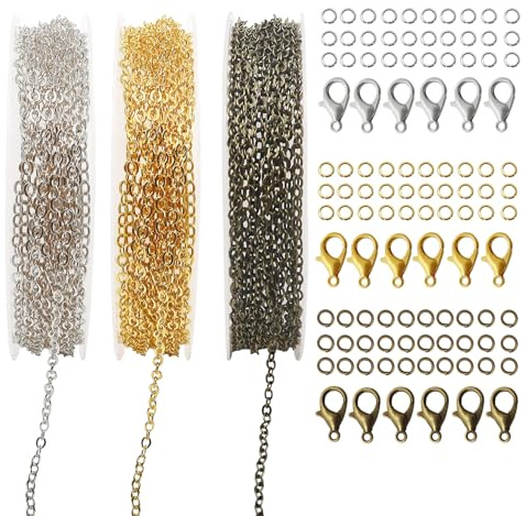 TOAOB 9 M Gliederkette 3 Farben 2 mm x 3mm Kette für Halskette | 18 Karabiner Verschlüsse und 90 Sprung Ringe, für DIY Schmuck Basteln Herstellung