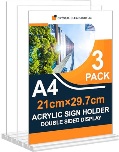 Arrobust A4 Acrylic Sign Holder, 3 Pack Clear Display Table Signs Stand, Double Sided T Shape Flyer Holder Plastic for Picture Paper Frame Holder Home Office Menu Retail Show Fair