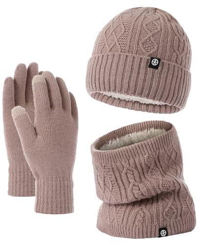 MüTze, Schal & Handschuh-Sets FüR Damen, Fashion MüTze Damen Winter Mit Bommel Fleece GefüTterte, Touchscreen Handschuhe Schal WäRmer MüTze Damen Herren 3 In 1 Set