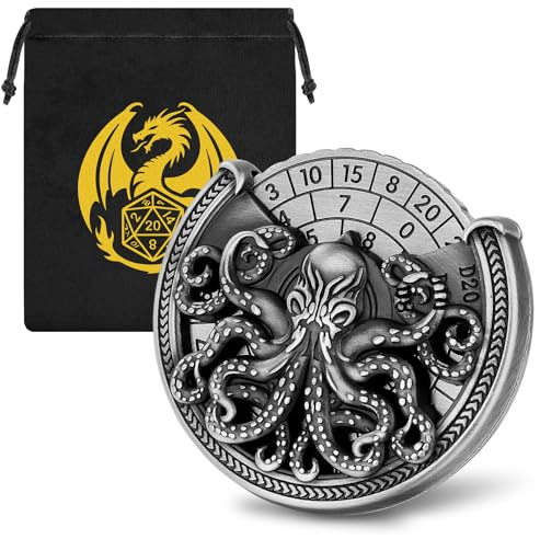Oktopus DND Radwürfel Spinner, Oktopus Metallische D&D Würfel, Roulette Würfel Spinner für DND Würfelset, D&D Geschenke mit Drachen Logo Geschenktüte, Rollenspiel Brettspiel Zubehör, Dunkel Silber