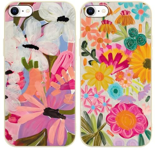 Phoona 2 Packs Flower Floral Pattern Phone Case for iPhone 7/8 / SE 2020 / SE 2022 4,7, Cute Aesthetic Design Print Funda with TPU Slim Liquid Silicone Shockproof Protection Cover for Women Girls