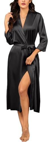 Ekouaer Bademantel Damen Satin Leicht Morgenmantel Lang Luxus Hochwertiger Brautjungfernkleid Hochzeitsfeier Kimono Seidenroben 3/4 Ärmel Weich und leicht Loungewear mit Taschen S-XXL