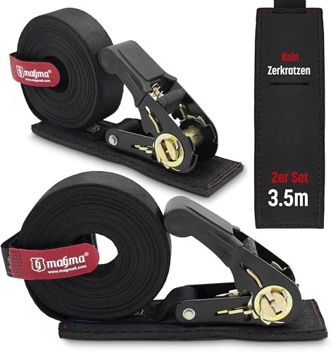 MAGMA Pack of 2 Ratchet Tie-Down Straps with Anti-Scratch Protection, 3.5M, Ratchet Tensioner, Truck Car Motorcycle Trailer Tie-Down Slings, Noir