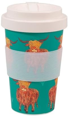 ECO CHIC Recycled Travel Coffee Cup 400ml Microwave Dishwasher Safe Plastic Travel Mug (Highland Cow Teal)