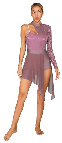 TTAO Abito da donna per pattinaggio artistico, a maniche lunghe, in pizzo, patchwork, elegante body da danza con gonna piegata, concorrenza, rosa antico A, L
