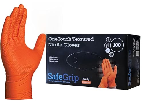 A406 200 Disposable Nitrile Gloves Diamond Textured Orange Glove Powder Free Strong Gloves Heavy Duty for Machanic (Medium-8)