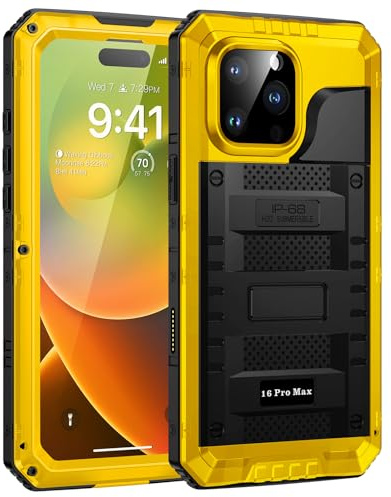 Lanhiem Cover per iPhone 16 Pro Max IP68 Impermeabile, Metallo Armor-Giallo | 360° Completa Waterproof Case con Protezione Schermo, Militare Antiurto Subacquea Antipolvere Custodia per iPhone 16 Pro Max