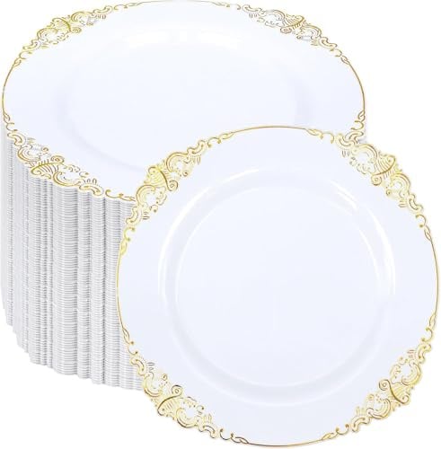 KDXBQ 100 Pcs Plastic Plates Plastic Dinner Plates with Gold Rim 19 cm Party Plate for Weddings Upscale Parties Thanksgiving Tableware (White Gold)
