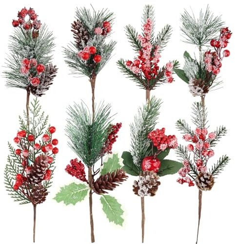 chenyu 8 Stück Künstliche Kiefernzweige Weihnachtsstrauß Künstlich mit Künstliche Kiefernzweige Rot Beeren und Tannenzapfen für Deko Tannenzweige Tischdeko Handwerk Deko Zweige Weihnachten