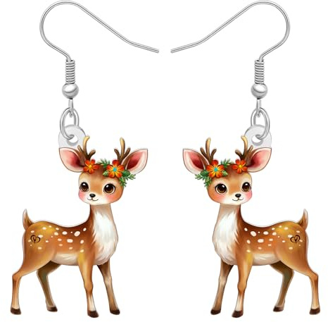 DUOWEI Acrylic Cute Reindeer Deer Dangle Earrings Gifts for Women Woodland Animals Lovers, Holly and Floral Decorations Festive Holiday Fawn Jewellery