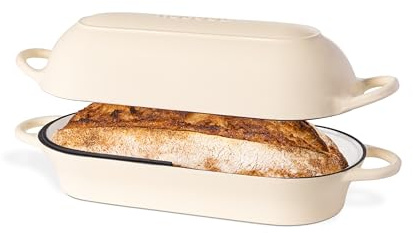 Enamelled Cast Iron Bread Loaf Pot – Dutch Oven for Sourdough Bread Baking – Oven Safe Non Stick Bread Pot – Rectangular, Cream, 32cm x 16cm – by Nuovva