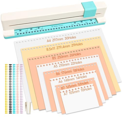 30 Loch Locher mit 30-Loch-Binderinge (5 Stück) and Ringöffner, kompatibel mit den Größen A4, A5, A6, A7 - für Notizbücher und Scrapbooking