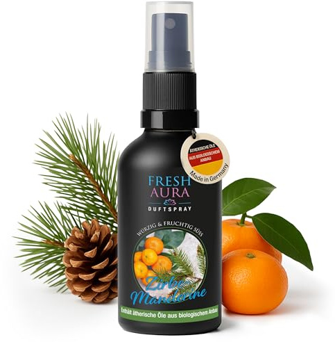 Fresh Aura Kissenspray & Raumspray Zirbe-Mandarine – Natürlich & belebend – Für Frische, Wohlbefinden & klare Luft – Vegan, ätherische Öle, Made in Germany, 100 ml Glasflasche