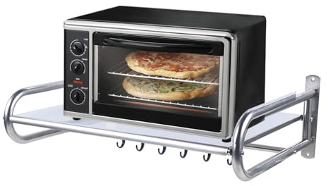 PBTERDTF Edelstahl Mikrowellenhalterung Mikrowellen Wandhalterung Küchenregal mit 6 Haken Geeignet Belastbarkeit 30kg Mikrowellenofen Rack für Küche Zu Hause Mikrowelle, Gewürze, Kochutensilien