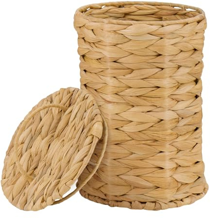 GREENSAPPIRE Geflochtener Abfalleimer mit Deckel – 19 × 28,5 cm, Bohemian Papierkorb aus robustem Naturfaser-Korbgeflecht für Schlafzimmer, Büro oder Wäscheaufbewahrung