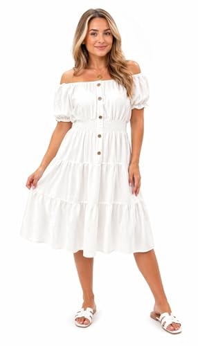 Women's Off Shoulder Midi Dress Summer Smocked Waist Button Front Tiered Swing Dress Short Puff Sleeve Casual Holiday Dress One Size (12- 30) (UK, Numeric, 12, 30, Regular, Regular, White)