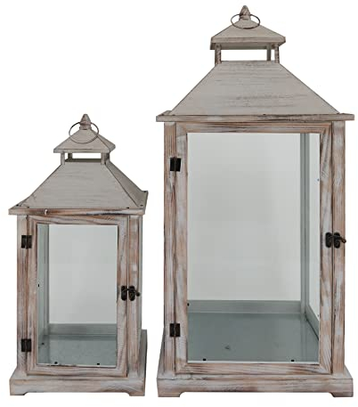 Rebecca Mobili 2 Pz Faroles Linternas Portavelas Decorativo PVC Metal Madera Clara Estilo Shabby Decoración Hogar Jardín - 72 x 32 x 27 cm (A x AN x FON) - Art. RE6235