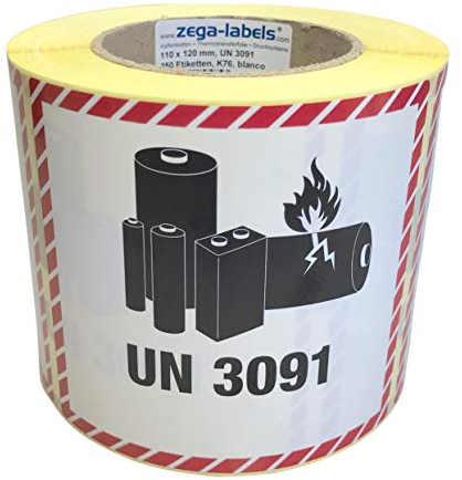 Gefahrgutetiketten auf Rolle - UN 3091 - Lithium-Metall-Batterien - ohne Telefonnummer/zum selbstbedrucken - 250 Stück je Rolle - 120 x 110 mm - Haftpapier - Kern 76 mm für Industriedrucker