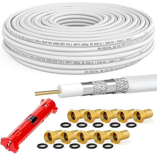 HB-DIGITAL HQ-135 PRO 30m 135dB SAT Cable coaxial blindado cuádruple incl. pelador y 10 conectores F chapados en oro Cable de antena DVB-S / S2 / S2X DVB-C y DVB-T / T2 UHD 4K Full HD 3D