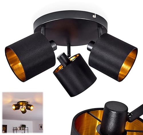 Deckenleuchte Alsen, runde Deckenlampe aus Metall/Stoff in Schwarz/Gold, 3-flammig, mit verstellbaren Strahlern, 3 x E14, Spot mit Stoff-Schirmen im Retro/Vintage Design, ohne Leuchtmittel