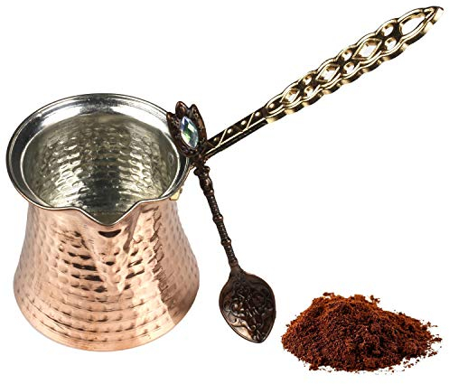 NBM Brand 9 Oz Thick 2mm Copper Antique Looking Coffee Pot and Copper Spoon Set Stove top Coffee Maker Cezve with Copper Handle & Copper Spoon, for 3 People