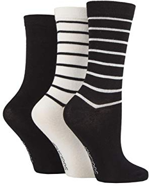 SockShop Ladies Plain Patterned and Striped Bamboo Socks Pack of 3 (Black Striped, 4-8)