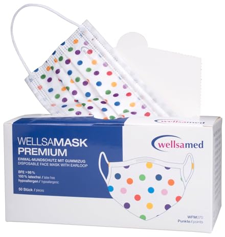 Wellsamed Wellsamask 50 Stück medizinischer Mundschutz Type IIR mit Gummizug, mit Punkte Motiv